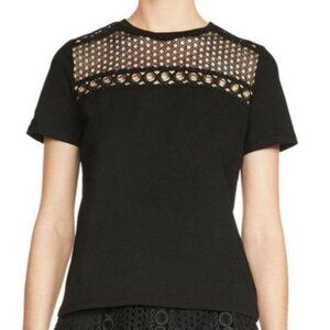 Maje Toby Eyelet Grommet Short Sleeve Tee Black Lace Jersey Womens Size 1